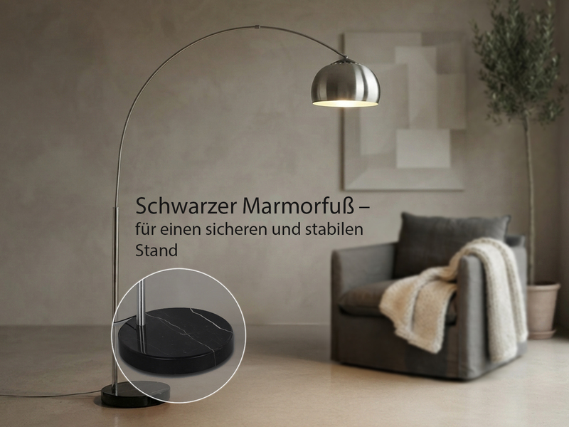 Bogenlampe ARGENTINA Schirm Metall Silber, große Ausladung, Höhe 200cm