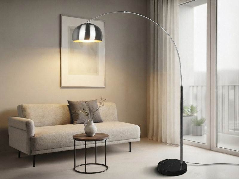 Bogenlampe ARGENTINA Schirm Metall Silber, große Ausladung, Höhe 200cm