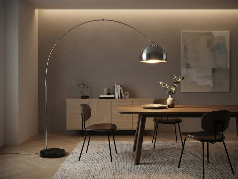 Bogenlampe ARGENTINA Schirm Metall Silber, große Ausladung, Höhe 200cm