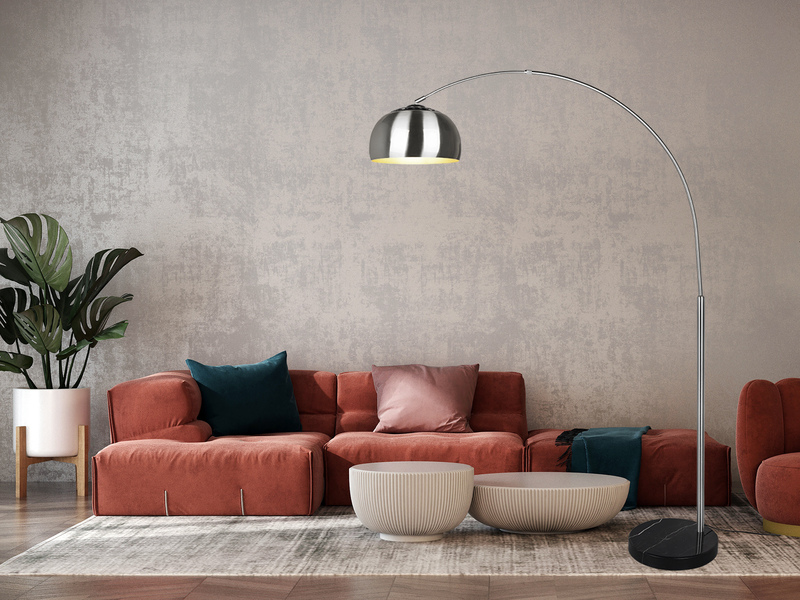 Bogenlampe Schirm Metall Silber mit E27 LED, große Ausladung, Höhe 200cm