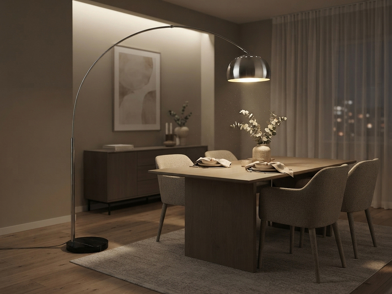 Bogenlampe Schirm Metall Silber mit E27 LED, große Ausladung, Höhe 200cm