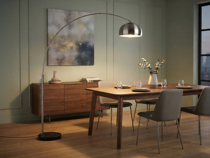 Bogenlampe Schirm Metall Silber mit E27 LED, große Ausladung, Höhe 200cm