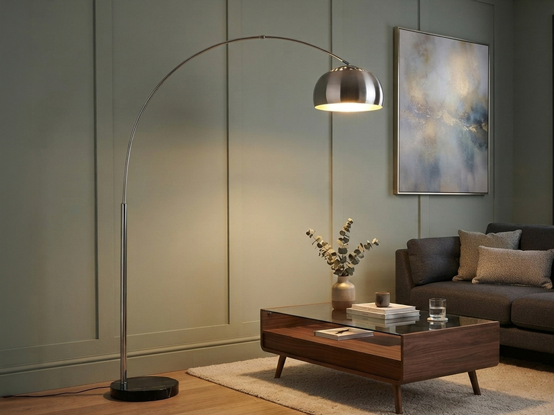 Bogenlampe Schirm Metall Silber mit E27 LED, große Ausladung, Höhe 200cm