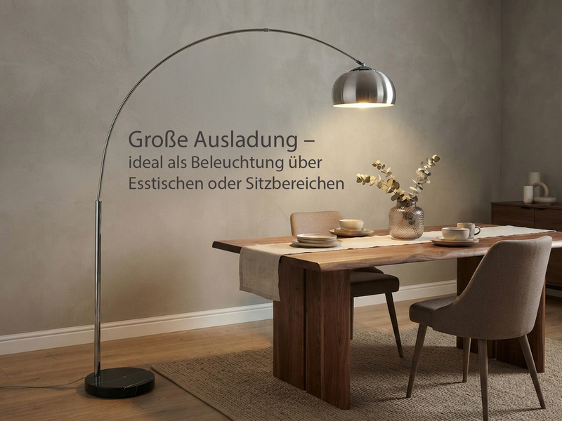 Bogenlampe Schirm Metall Silber mit E27 LED, große Ausladung, Höhe 200cm