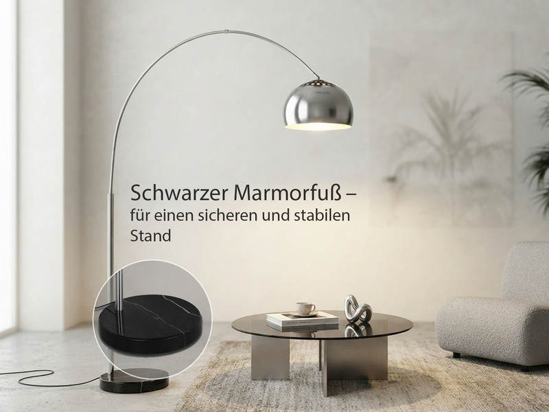 Bogenlampe Schirm Metall Silber mit E27 LED, große Ausladung, Höhe 200cm