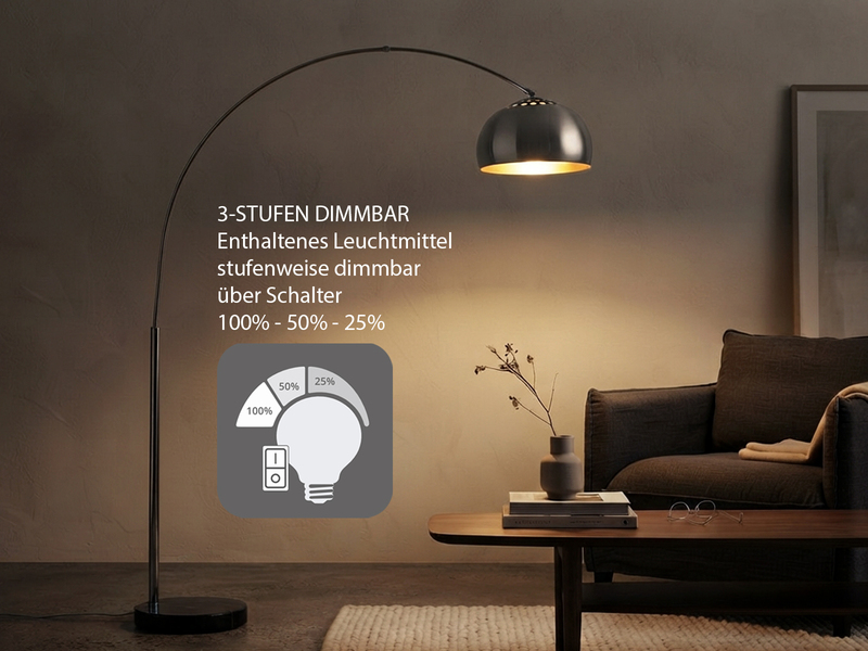 Bogenlampe Schirm Metall Silber mit E27 LED, große Ausladung, Höhe 200cm