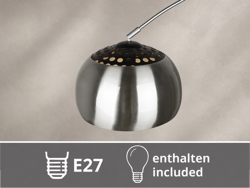 Bogenlampe Schirm Metall Silber mit E27 LED, große Ausladung, Höhe 200cm