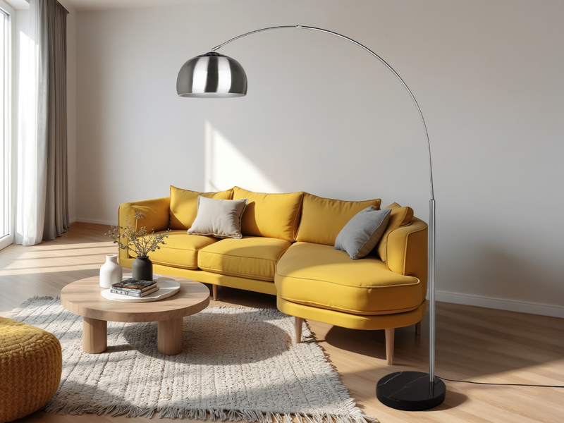 Bogenlampe Schirm Metall Silber mit E27 LED, große Ausladung, Höhe 200cm