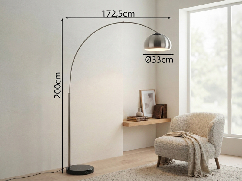 Bogenlampe Schirm Metall Silber mit E27 LED, große Ausladung, Höhe 200cm