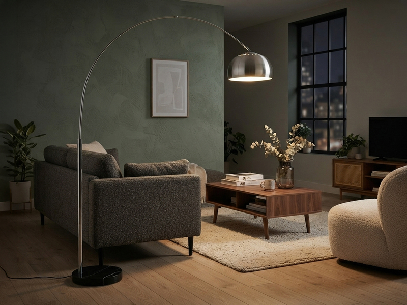 Bogenlampe Schirm Metall Silber mit E27 LED, große Ausladung, Höhe 200cm