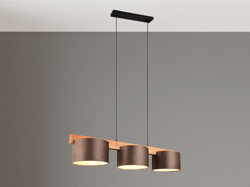 Pendelleuchte LANAT Holzbalken 3-flammig mit Samtschirmen Braun, Breite 100cm