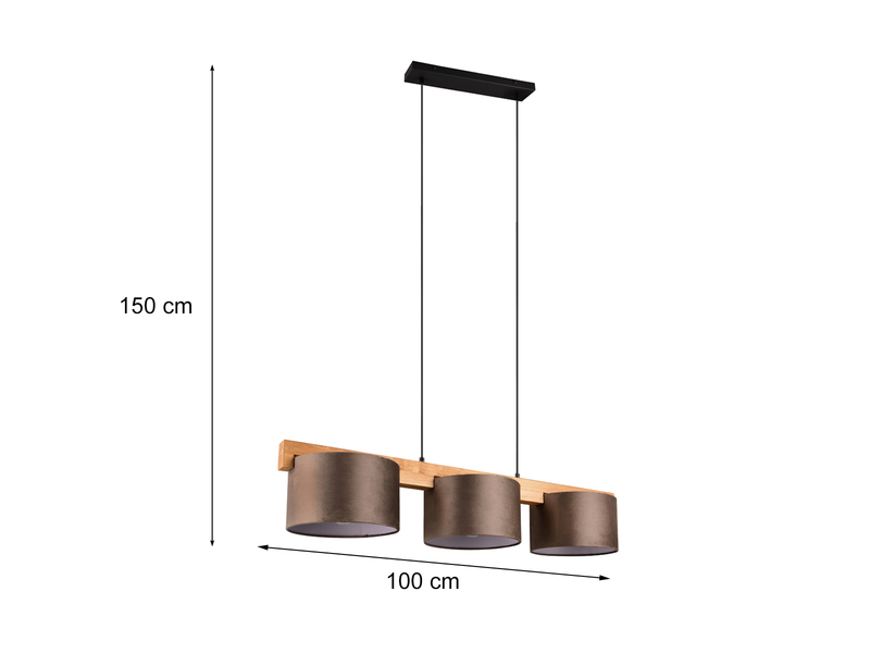 Pendelleuchte LANAT Holzbalken 3-flammig mit Samtschirmen Braun, Breite 100cm