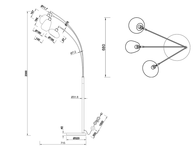 Große Stehlampe LUMINA mit 3 Glas Lampenschirmen in Chrom, Höhe 200cm