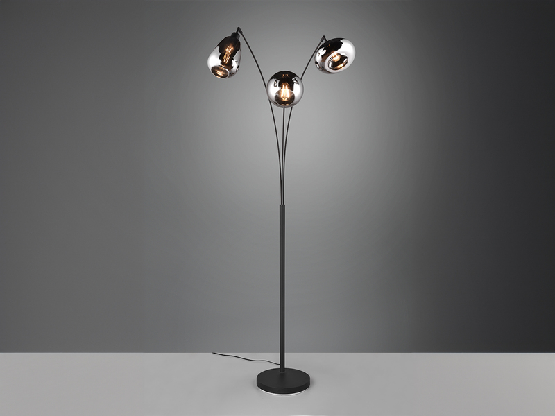 Große Stehlampe LUMINA mit 3 Glas Lampenschirmen in Chrom, Höhe 200cm