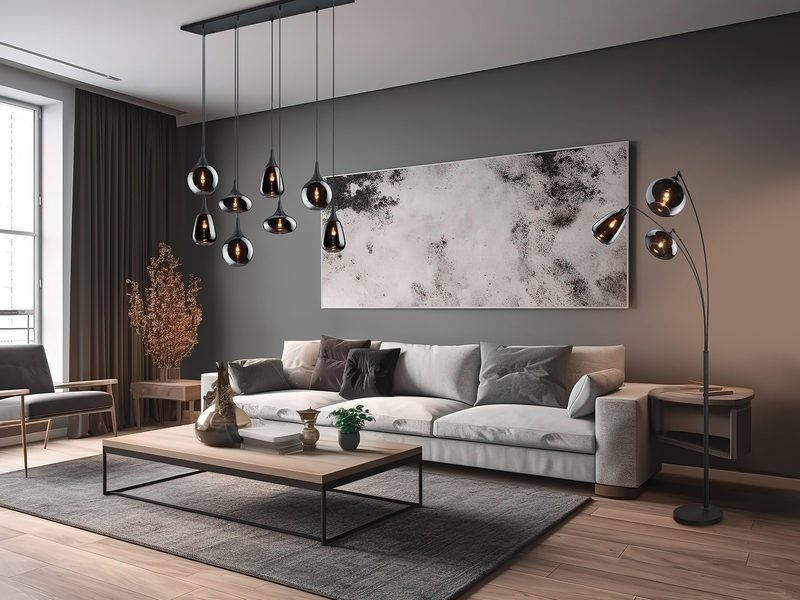 Große Stehlampe LUMINA mit 3 Glas Lampenschirmen in Chrom, Höhe 200cm