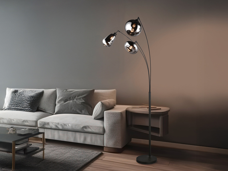 Große Stehlampe LUMINA mit 3 Glas Lampenschirmen in Chrom, Höhe 200cm