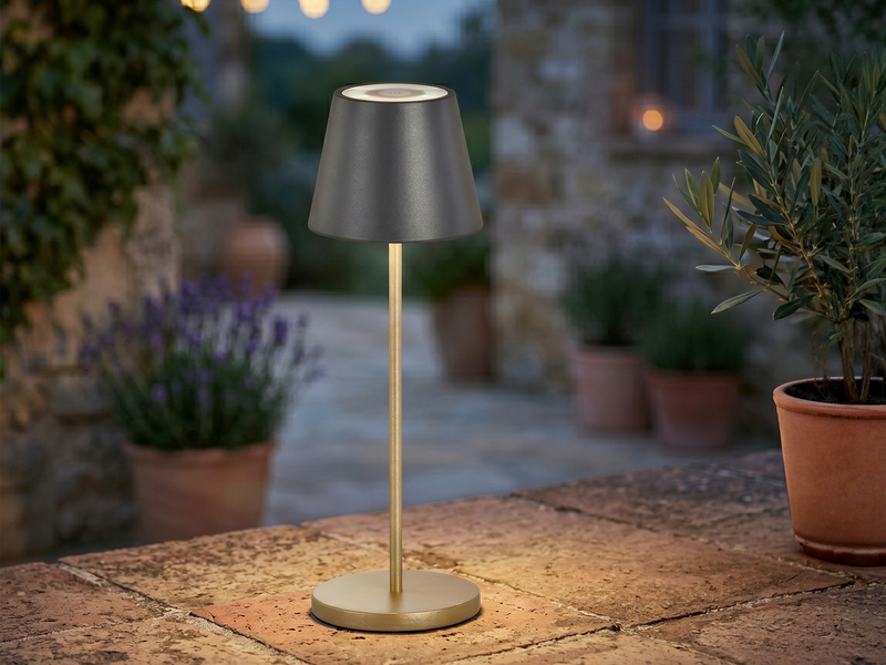Akku Tischlampe COSENZA 2.0 Schwarz Gold ohne Kabel mit Ladestation, Höhe 34cm