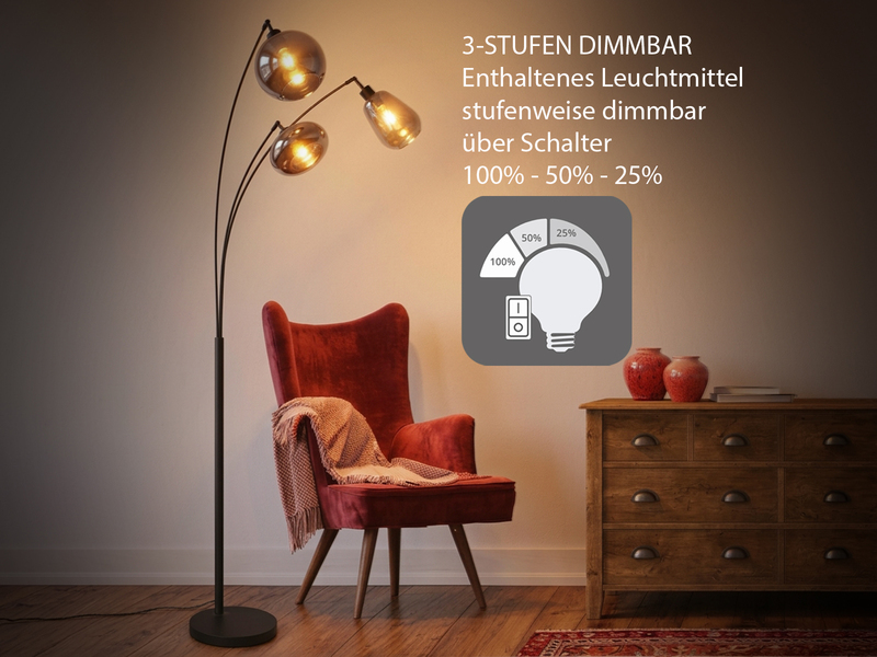 Große Stehleuchte mit 3 Glas Lampenschirmen Chrom inkl. E14 LED, Höhe 200cm