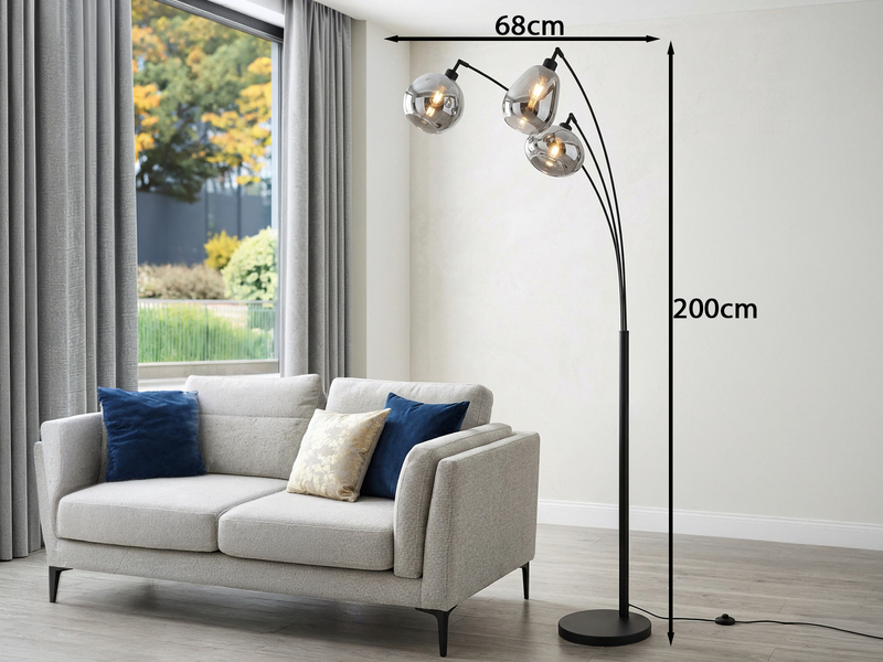 Große Stehleuchte mit 3 Glas Lampenschirmen Chrom inkl. E14 LED, Höhe 200cm