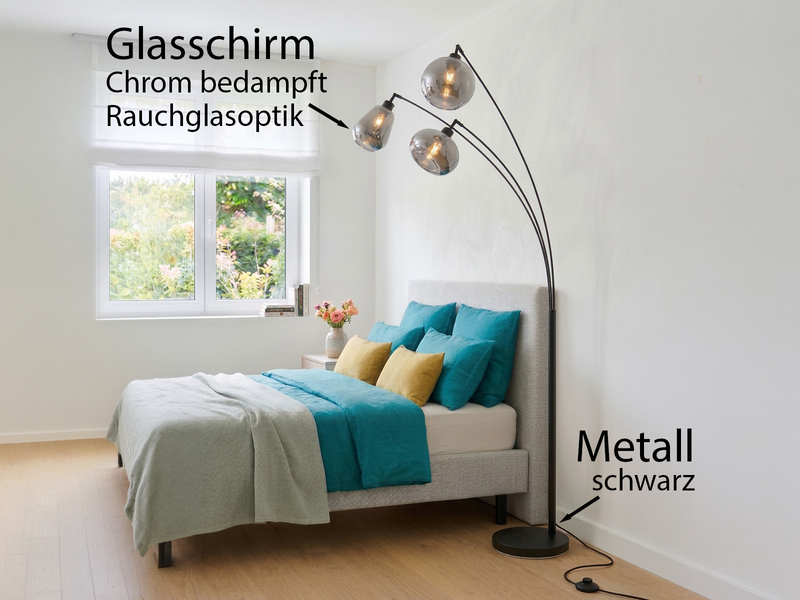 Große Stehleuchte mit 3 Glas Lampenschirmen Chrom inkl. E14 LED, Höhe 200cm