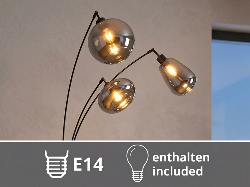 Große Stehleuchte mit 3 Glas Lampenschirmen Chrom inkl. E14 LED, Höhe 200cm