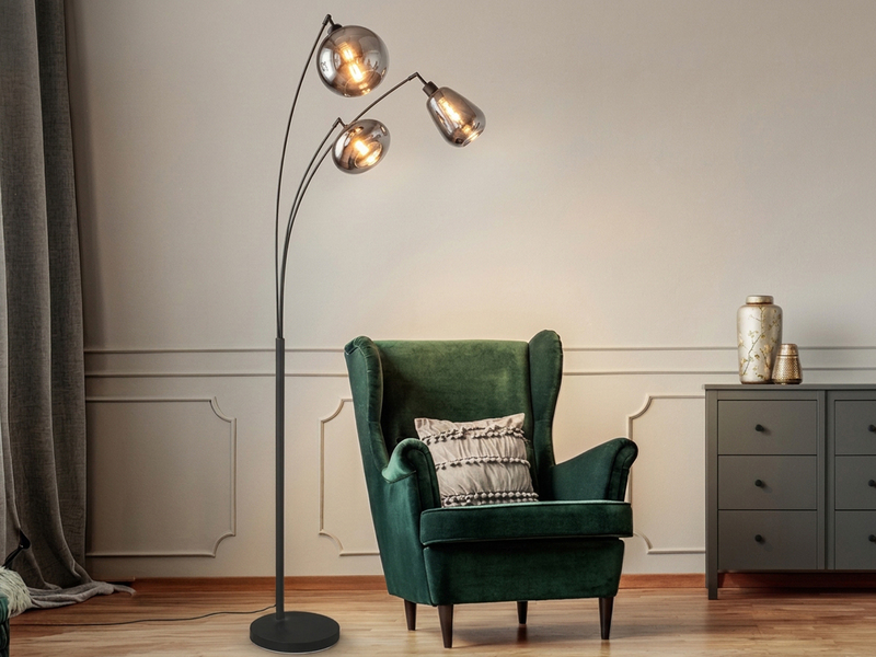 Große Stehleuchte mit 3 Glas Lampenschirmen Chrom inkl. E14 LED, Höhe 200cm