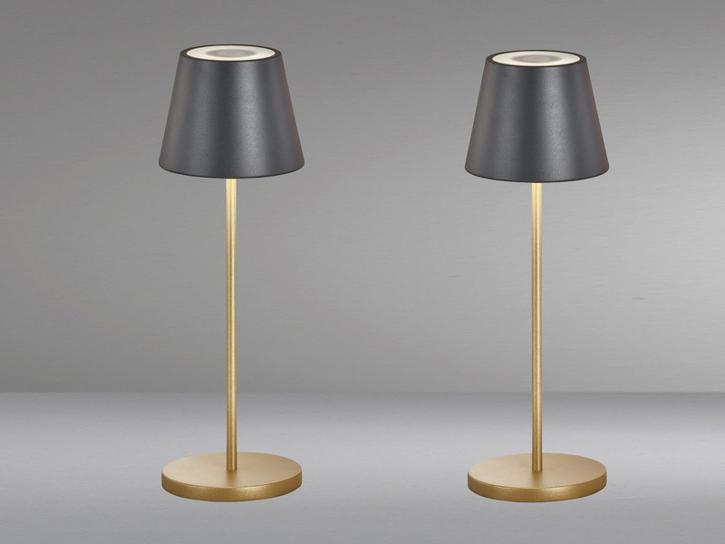 2er SET Akku Tischlampen Schwarz Gold ohne Kabel mit Ladestation, Höhe 34cm