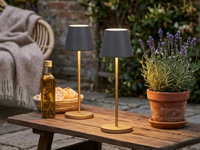 2er SET Akku Tischlampen Schwarz Gold ohne Kabel mit Ladestation, Höhe 34cm