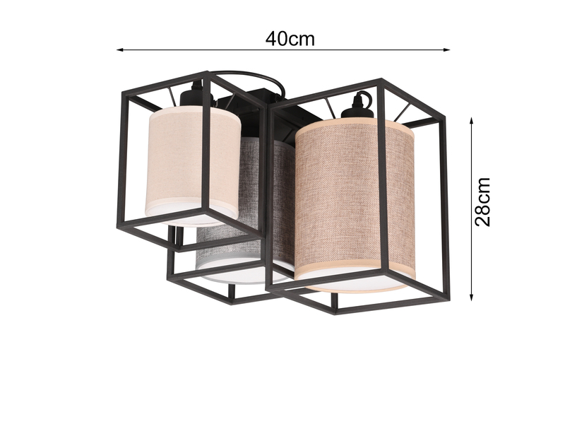 LED Deckenleuchte Metall mit drei Stoffschirmen Breite 40cm