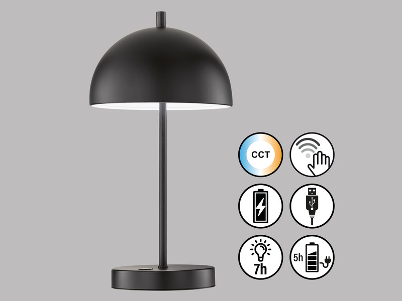 Kabellose Tageslicht Tischlampe KIA Schwarz dimmbar & USB, Höhe 35cm