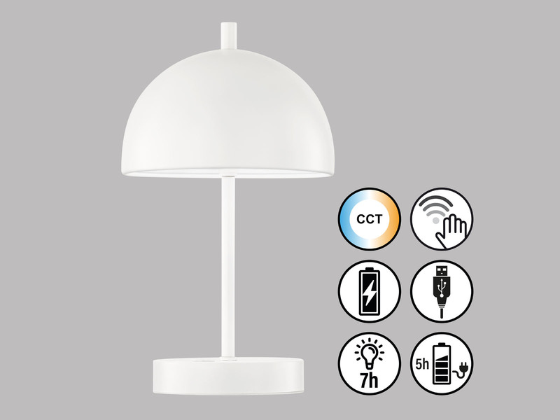 Kabellose Tageslicht Tischlampe KIA Weiß dimmbar & USB, Höhe 27cm