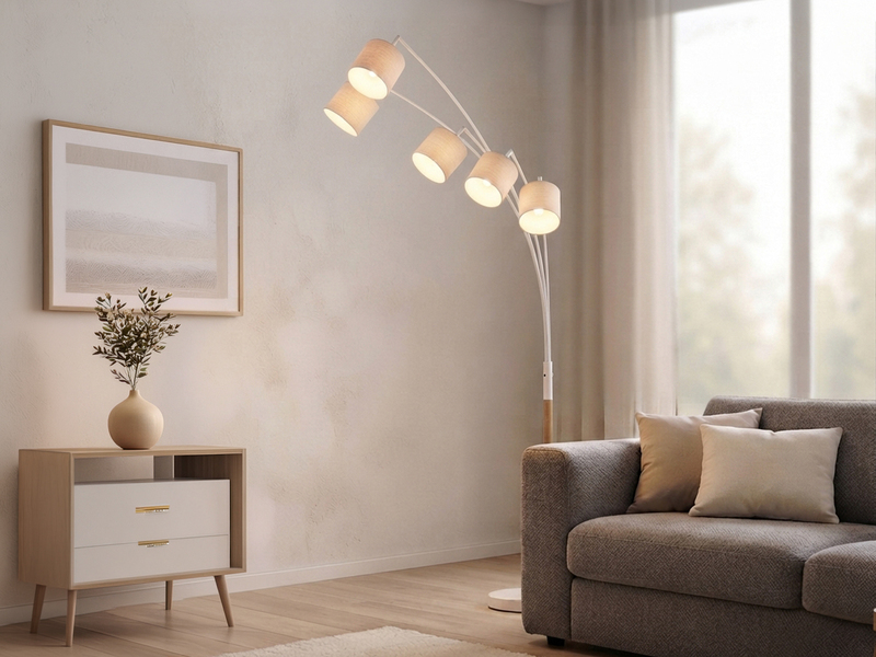 Große Bogenlampe LUVA mit Holzfuß & Stoffschirmen aus Leinen, Höhe 200cm