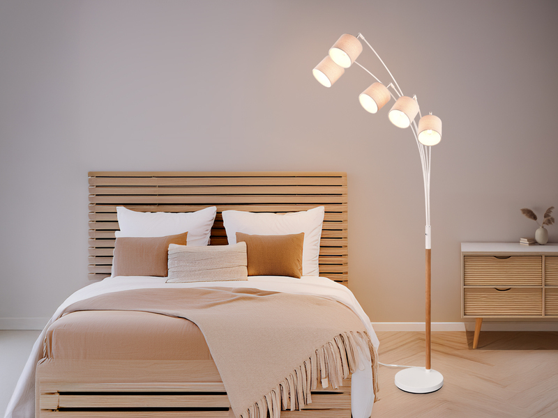 Große Bogenlampe LUVA mit Holzfuß & Stoffschirmen aus Leinen, Höhe 200cm