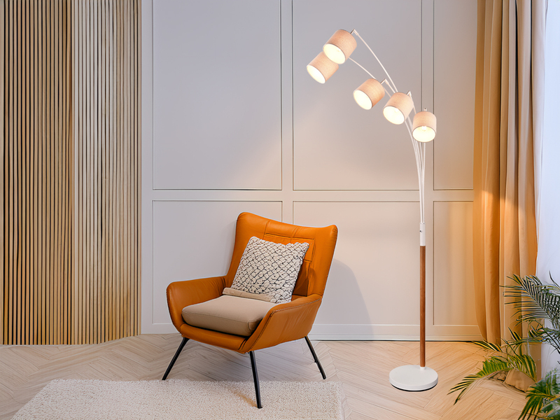 Große Bogenlampe LUVA mit Holzfuß & Stoffschirmen aus Leinen, Höhe 200cm
