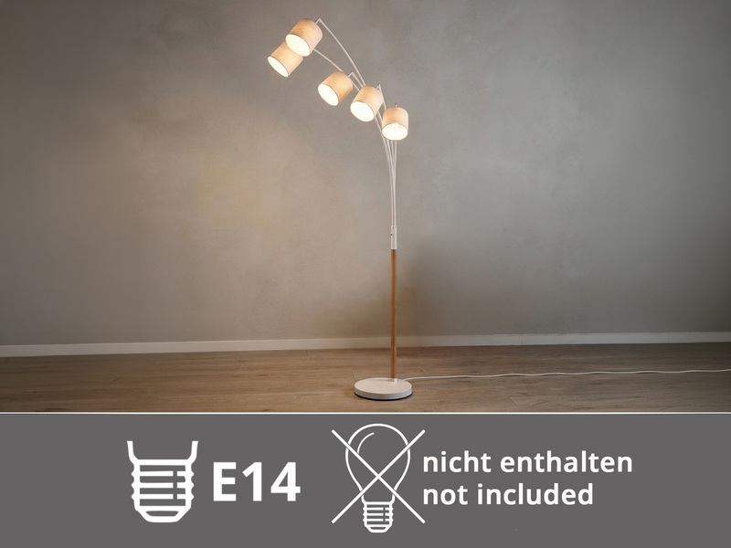 Große Bogenlampe LUVA mit Holzfuß & Stoffschirmen aus Leinen, Höhe 200cm