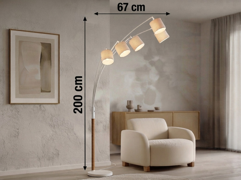 Große Bogenlampe LUVA mit Holzfuß & Stoffschirmen aus Leinen, Höhe 200cm