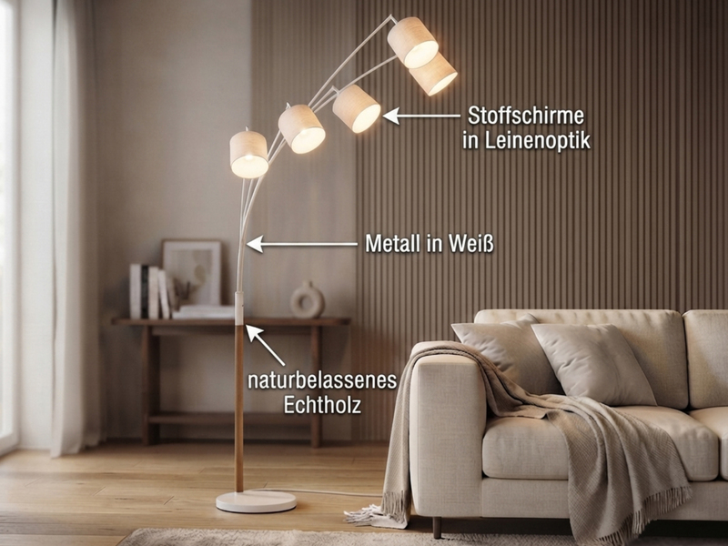 Große Bogenlampe LUVA mit Holzfuß & Stoffschirmen aus Leinen, Höhe 200cm