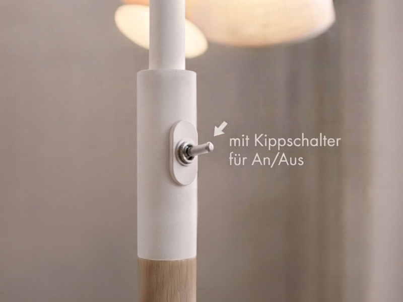 Große Bogenlampe LUVA mit Holzfuß & Stoffschirmen aus Leinen, Höhe 200cm