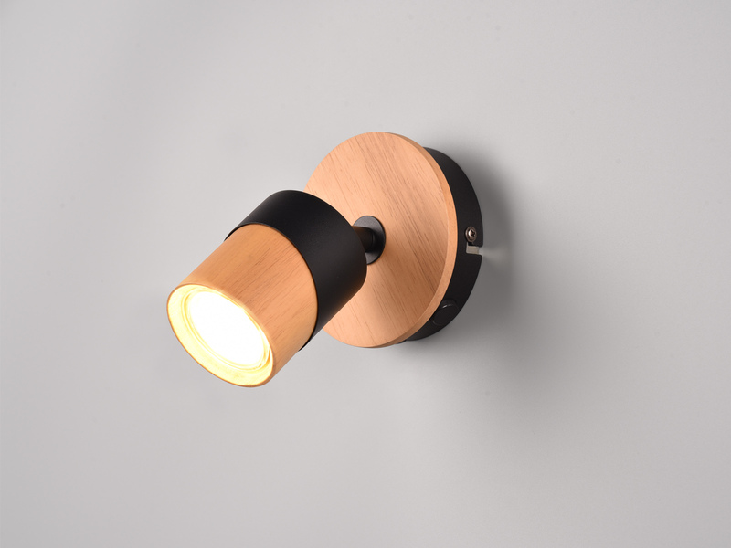 Wandstrahler ARUNI mit Schalter Naturholz & Metall Schwarz, Breite 11cm