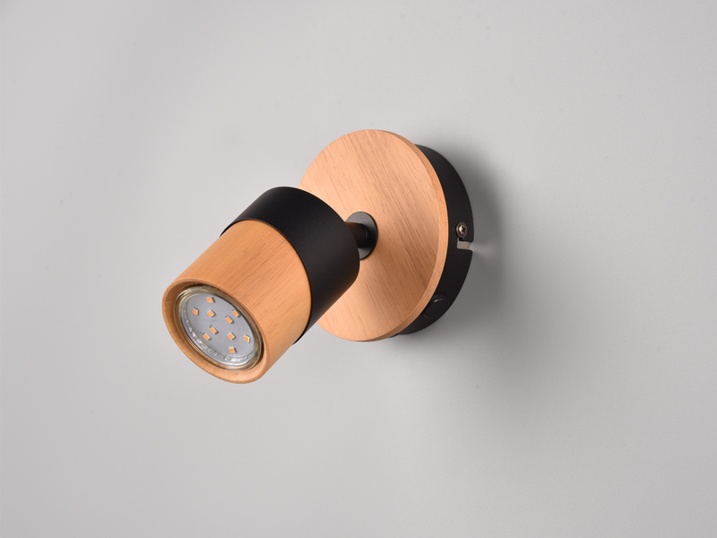 Wandstrahler ARUNI mit Schalter Naturholz & Metall Schwarz, Breite 11cm