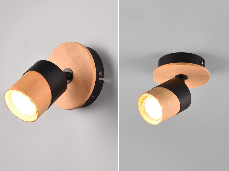 Wandstrahler ARUNI mit Schalter Naturholz & Metall Schwarz, Breite 11cm