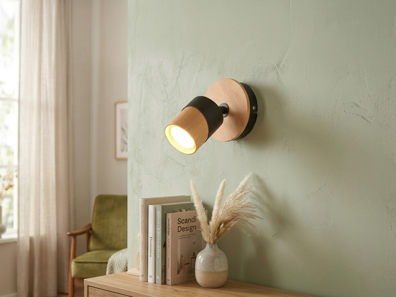 LED Wandstrahler Naturholz & Metall Schwarz, Breite 11cm