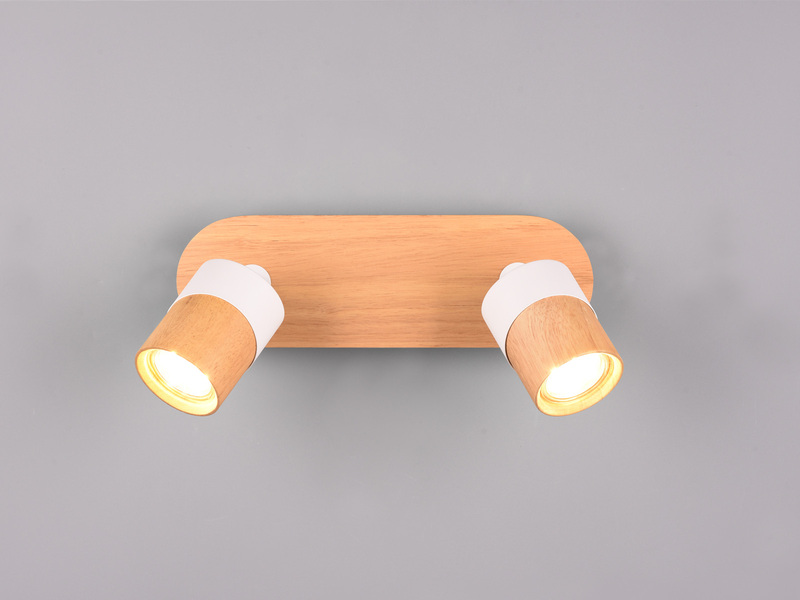 LED Deckenstrahler 2-flammig, Naturholz & Metall Weiß, Breite 28cm