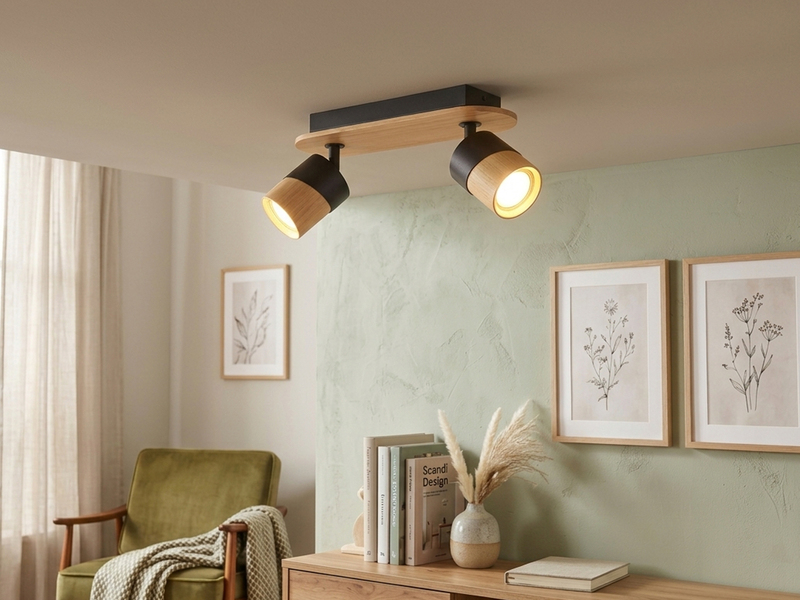 LED Deckenstrahler 2-flammig, Naturholz & Metall Weiß, Breite 28cm