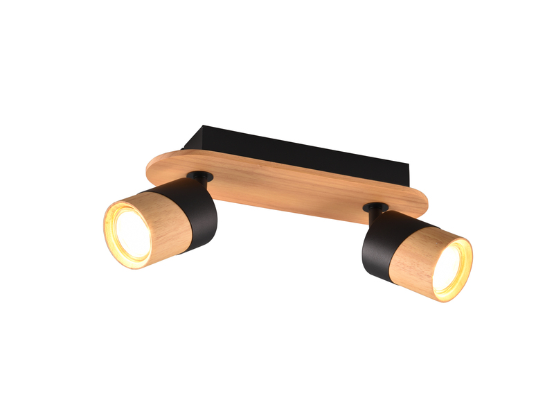 LED Deckenstrahler 2-flammig, Naturholz & Metall Schwarz, Breite 28cm