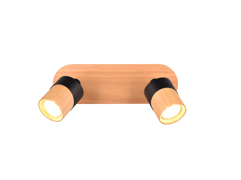 LED Deckenstrahler 2-flammig, Naturholz & Metall Schwarz, Breite 28cm