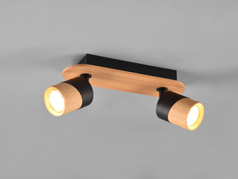 LED Deckenstrahler 2-flammig, Naturholz & Metall Schwarz, Breite 28cm