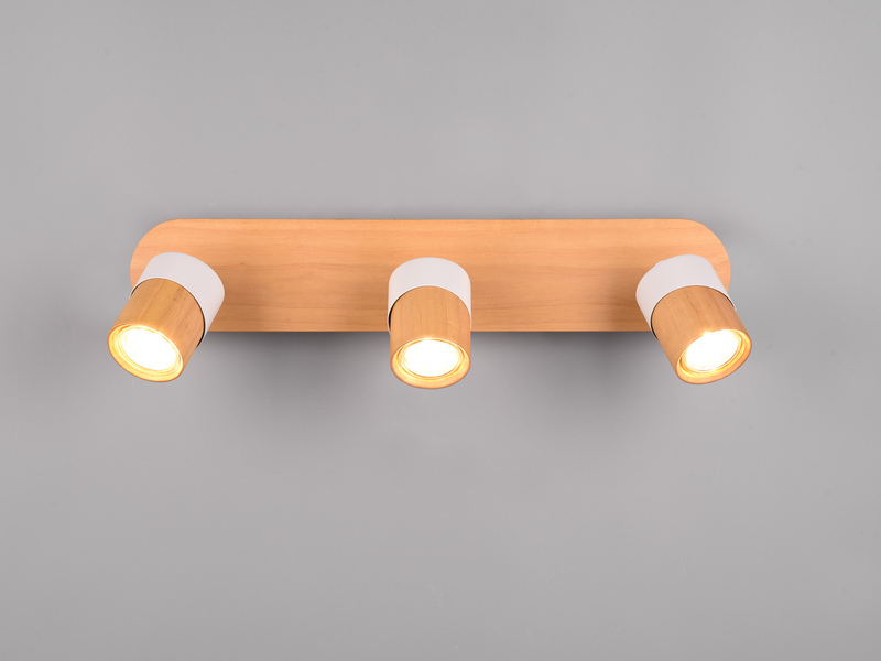 LED Deckenstrahler 3-flammig, Naturholz & Metall Weiß, Breite 48cm