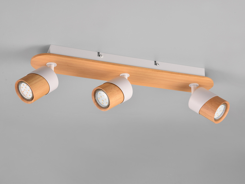 LED Deckenstrahler 3-flammig, Naturholz & Metall Weiß, Breite 48cm