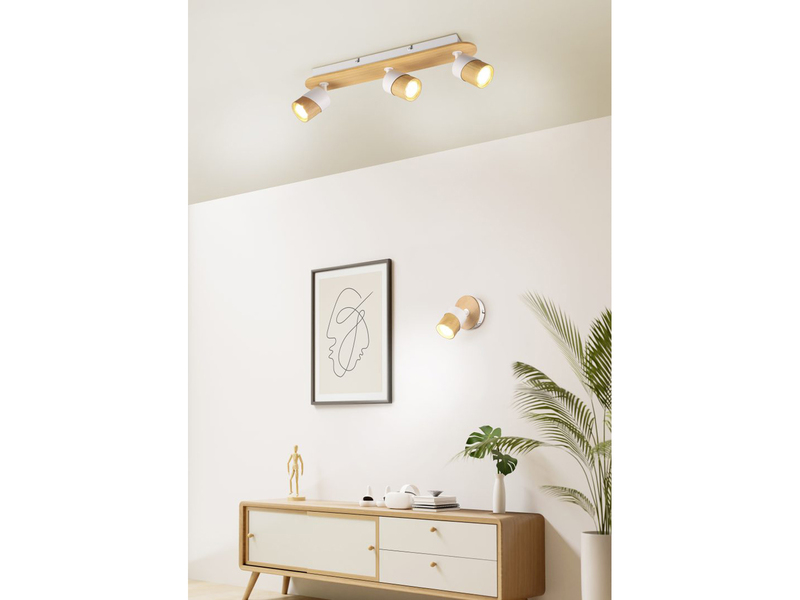LED Deckenstrahler 3-flammig, Naturholz & Metall Weiß, Breite 48cm